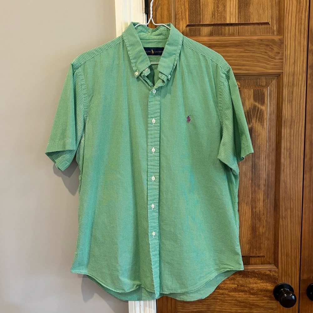 Green Checked POLO Short-Sleeve Button Down Shirt (Size: Large)